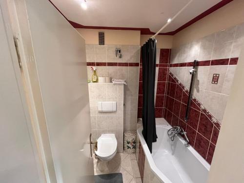 een badkamer met een bad, een toilet en een wastafel bij Studio Apartment mit Balkon in Neumünster