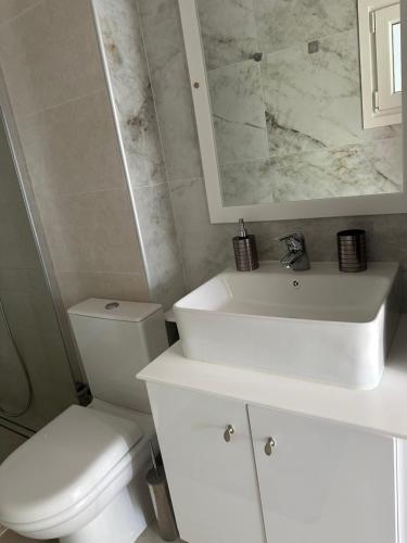 a white bathroom with a toilet and a sink at Parthenis appartments in Pythagoreio