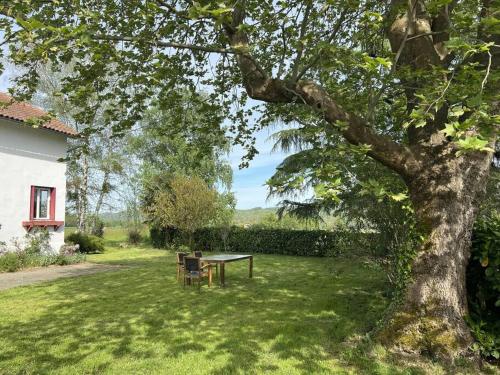 a picnic table under a tree in a yard at Villa Nid d'Oiseaux in Lustar