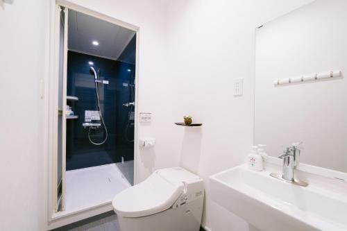 a bathroom with a toilet and a sink and a shower at Hotel Kailani in Oshima