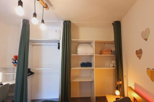 um quarto com um armário com cortinas verdes em Ravissant T2 *Clim *WIFI - Centre-ville, 2min Gare - ROSSIconciergerie - Linge inclus em Lunel