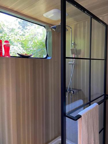 a bathroom with a shower with a glass window at Elephant lodge in Kwa Kuchinia