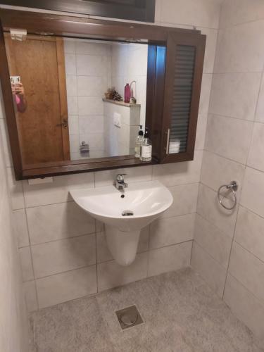 a bathroom with a sink and a mirror at Abdelli Terraces in Batroun in Batroûn