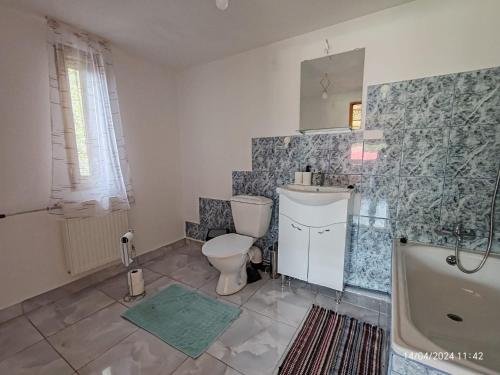 een badkamer met een toilet, een wastafel en een bad bij Casa Soveja Rucareni in Soveja