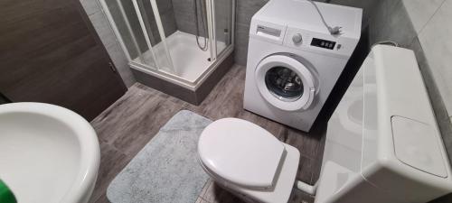 a bathroom with a toilet and a washing machine at Celine in Zaprešić