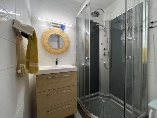 een badkamer met een douche, een wastafel en een spiegel bij Appartement Gruissan, 1 pièce, 3 personnes - FR-1-229-882 in Gruissan