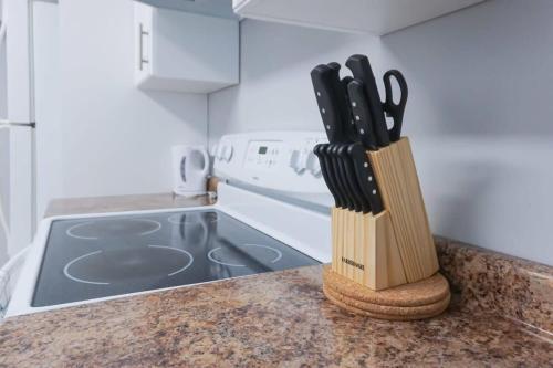 a knife block sitting on top of a kitchen counter at NEW Renovated Cozy 2 Br in Uptown Saint John Location Coffee in Saint John