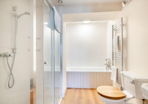 a bathroom with a toilet and a shower at Point Cottage in Blakeney