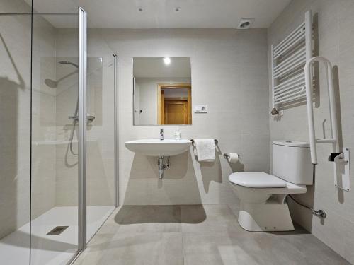 une salle de bain avec un lavabo, des toilettes et une douche dans l'établissement Apartamentos Naspún, à Campo