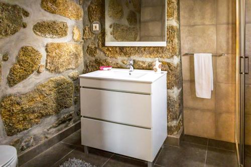 a bathroom with a sink and a stone wall at Fraga Douro House, Douro Valley in Resende