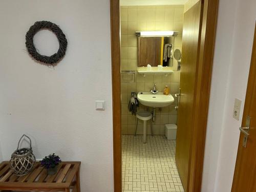 a bathroom with a sink and a toilet and a mirror at Ferienhof Kotthoff am Hennesee in Meschede