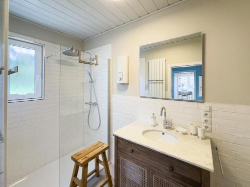 y baño con lavabo y ducha con espejo. en Backhus Nordkampen, en Walsrode