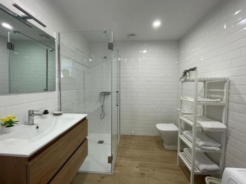 a bathroom with a shower and a sink and a toilet at Apartamentos Ares Rentals in Ares