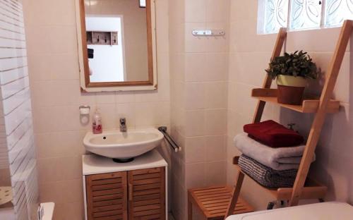 uma casa de banho com um lavatório e um espelho em Ferienhaus Plessberg 