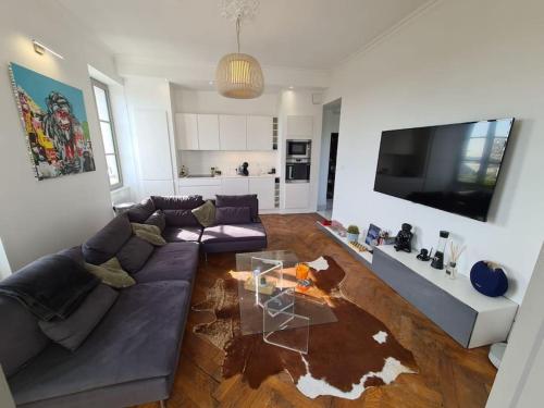 un salon avec un canapé et une table en verre dans l'établissement Magnifique appartement - SPA privé - Terrasse, à La Mulatière