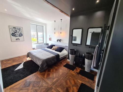 ein Schlafzimmer mit einem Bett und zwei Spiegeln an der Wand in der Unterkunft Magnifique appartement - SPA privé - Terrasse in La Mulatière
