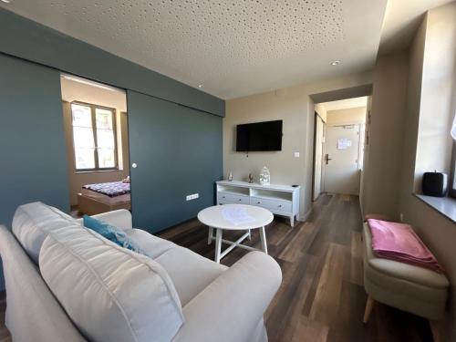 a living room with a white couch and a tv at Antica Stazione in Guebwiller