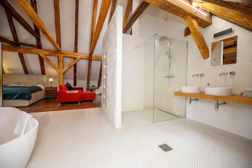 a bathroom with a glass shower and a tub at Hotel Svambersky dum in Český Krumlov