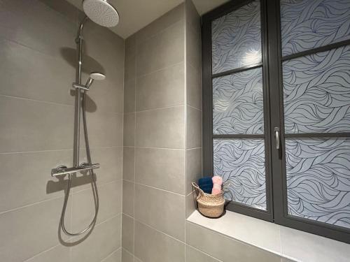 a bathroom with a shower and a glass window at Antica Stazione in Guebwiller