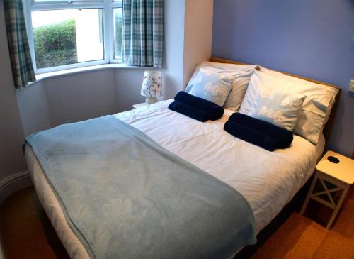 a bedroom with a bed with white sheets and a window at Seaview at Merton Hall Dinas Cross in Dinas