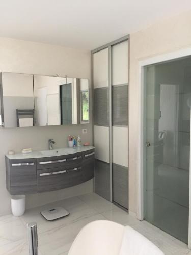 une salle de bain avec une douche en verre et un lavabo dans l'établissement Barbicaja, à Ajaccio