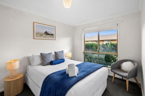 1 dormitorio con 1 cama, 1 silla y 1 ventana en Ebb and Flow Torquay pet friendly unit en Torquay