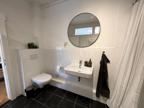 a bathroom with a sink and a toilet and a mirror at Arbio Monteurzimmer Behnitzer Parking included in Nauen