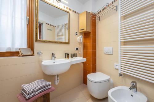 a bathroom with a sink and a toilet and a mirror at Hotel Folgarida in Folgarida