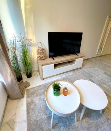 un salon avec une télévision à écran plat et une table dans l'établissement T2 à 50m de la mer, à Bormes-les-Mimosas