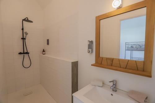 La salle de bains est pourvue d'un miroir, d'un lavabo et d'une douche. dans l'établissement Crazy Villa Ecottay 61 - Heated pool & sauna - 2h from Paris - 30p, à La Loupe