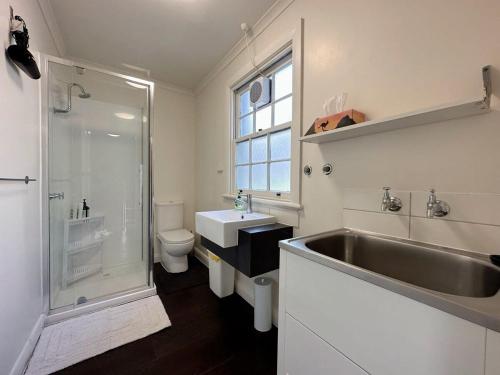 a bathroom with a sink and a shower and a toilet at Hobart City Oasis with 3 beds in Hobart