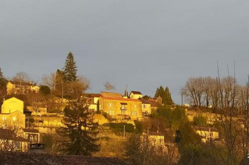 un grupo de casas en una colina con árboles en Chambre lit double, Salon, Terrasse et jardin, en Couze-et-Saint-Front