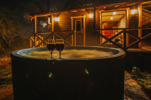 two glasses of wine in a hot tub in front of a house at Brīvdienu māja Straumēni in Pāle