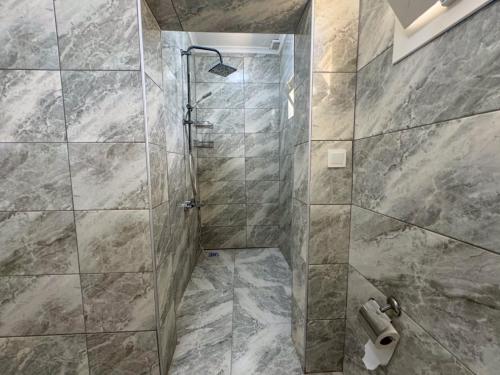 baño con ducha y dispensador de papel higiénico en Gümüşlük apart, en Bodrum City