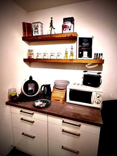 SchönwiesにあるApart Rebeccaの電子レンジ付きのカウンタートップを備えたキッチン