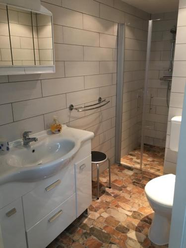 uma casa de banho com um lavatório e um WC em Ferienhof Altglobsow/ Cafe Seeblick em Großwoltersdorf