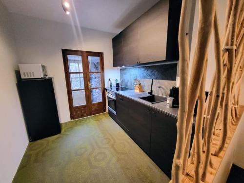 - une cuisine avec des armoires noires et un réfrigérateur dans l'établissement Appartement avec terrasse, à Laguiole