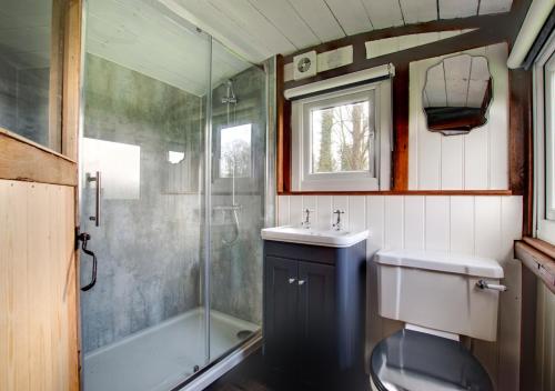 Briston的住宿－The Railway Carriage，带淋浴、盥洗盆和卫生间的浴室