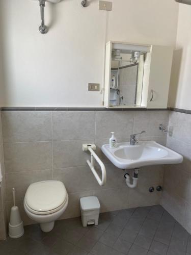 La salle de bains est pourvue d'un lavabo, de toilettes et d'un miroir. dans l'établissement Hotel Lupo di mare, à Marina di Castagneto Carducci