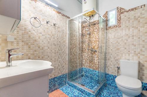 a bathroom with a shower and a toilet and a sink at Victoria's House in Gaios
