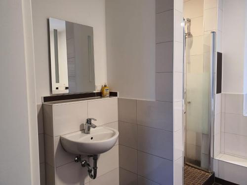 uma casa de banho branca com um lavatório e um espelho em Blauwal-1-10-Personen em Brunsbüttel