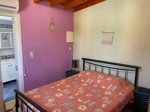 1 dormitorio con cama y pared púrpura en Heras house, en Iräon