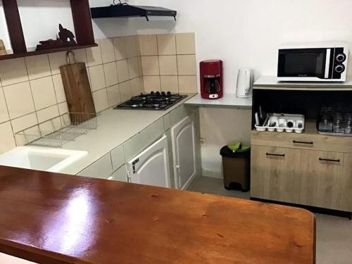 uma cozinha com um lavatório e um fogão forno superior em Le clin d oeil du champ em Sainte-Marie