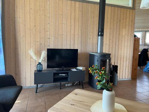 ein Wohnzimmer mit einem TV und einem Kamin in der Unterkunft Feriendorf Klosterheide in Lindow