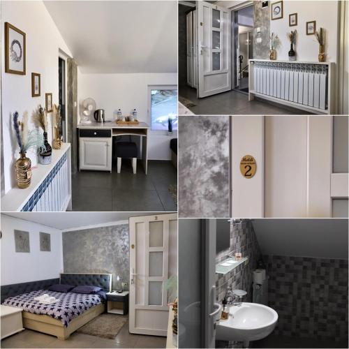 a collage of photos of a bathroom and a bedroom at Cazare MOLDI - regim hotelier in Câmpulung Moldovenesc