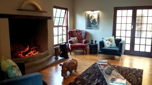a living room with a fireplace and a couch and chairs at Villa Limonicella in Barrydale
