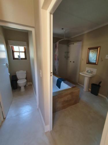 a bathroom with a tub and a toilet and a sink at Villa Limonicella in Barrydale