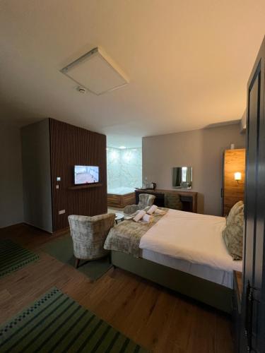 Habitación de hotel con cama y silla en mysiaolympos, en Kestel