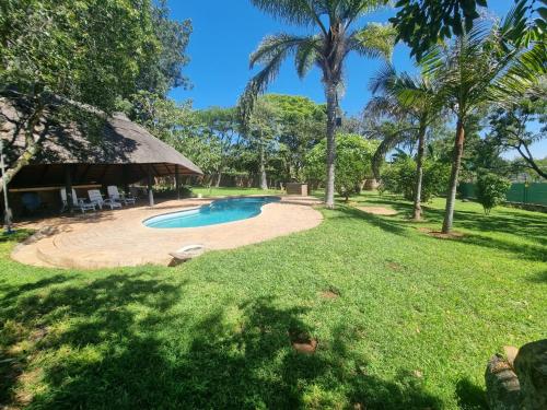 een achtertuin met een zwembad en een grasveld bij The Villa in Bulawayo
