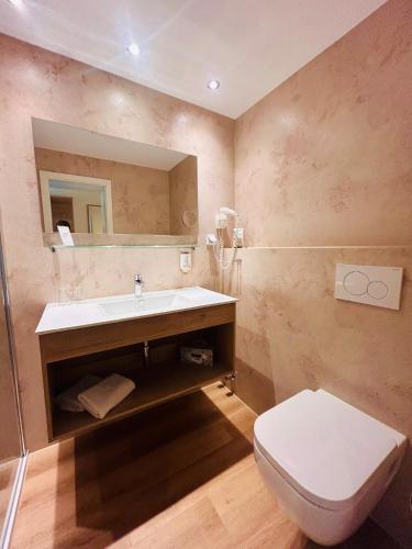 a bathroom with a sink and a toilet and a mirror at Haags Hotel Niedersachsenhof in Verden